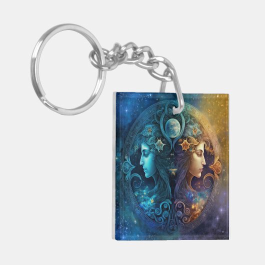 Gemini Zodiac Sign Waterverf Design Sleutelhanger (Voorkant Links)