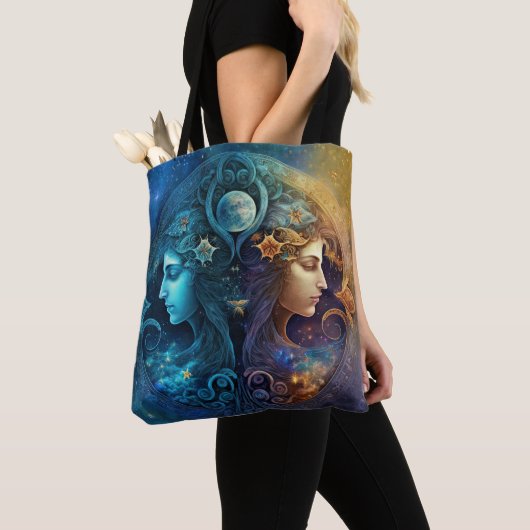 Gemini Zodiac Sign Waterverf Design Tote Bag (Dichtbij)