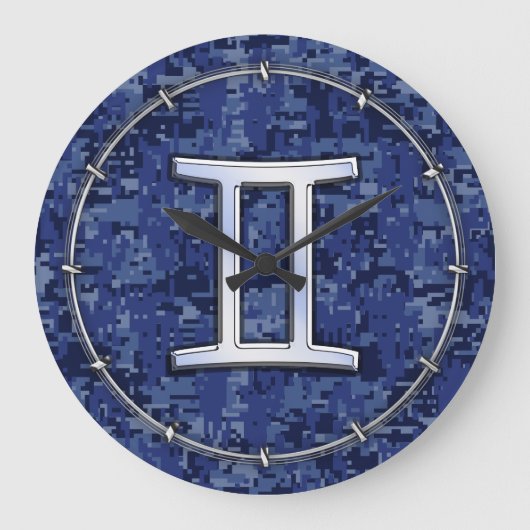 Gemini Zodiac Symbol Blue Digital Camouflage Grote Klok (Voorkant)