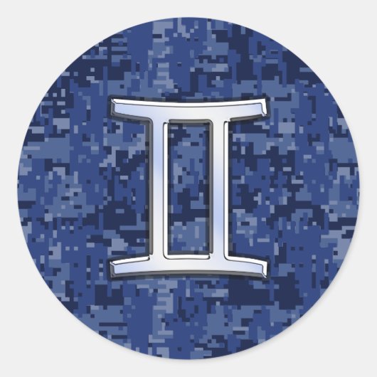 Gemini Zodiac Symbol Blue Digital Camouflage Ronde Sticker (Voorkant)