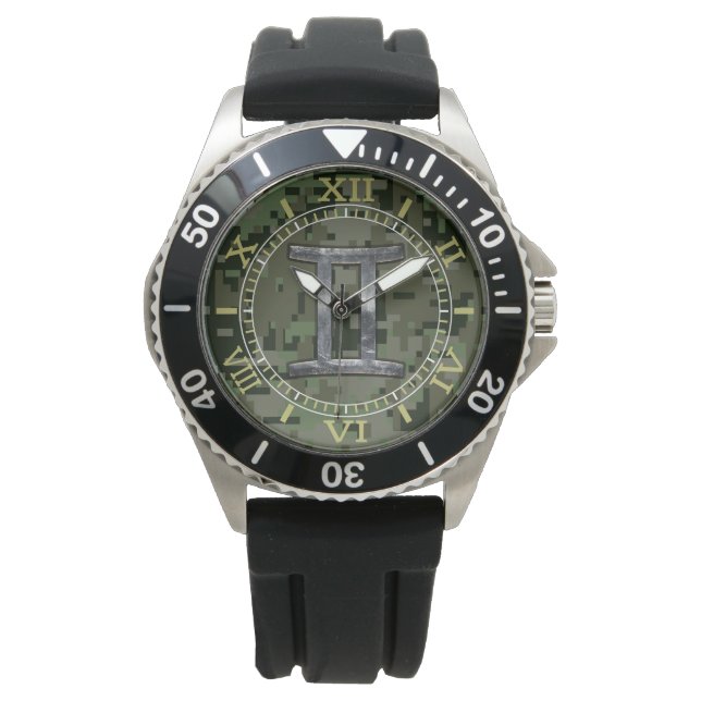 Gemini Zodiac Symbol on Green Camouflage Dial Horloge (Voorkant)