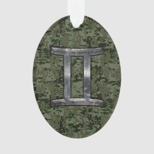 Gemini Zodiac Symbol op Green Digital Camo Ornament