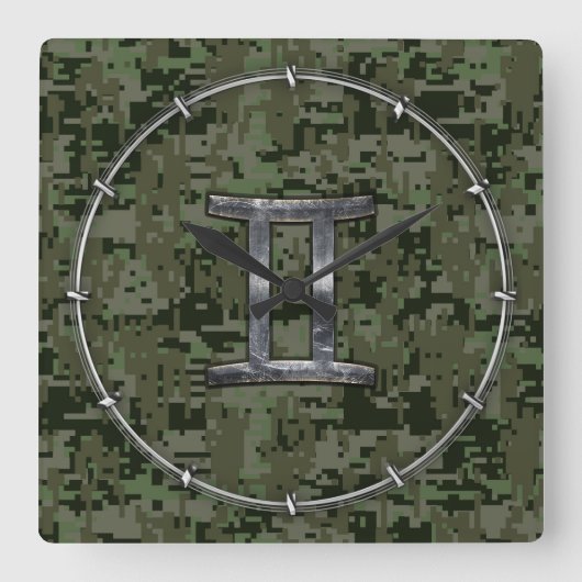 Gemini Zodiac Symbol op Green Digital Camouflage Vierkante Klok (Voorkant)