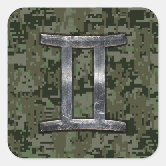 Gemini Zodiac Symbol op Green Digital Camouflage Vierkante Sticker (Voorkant)