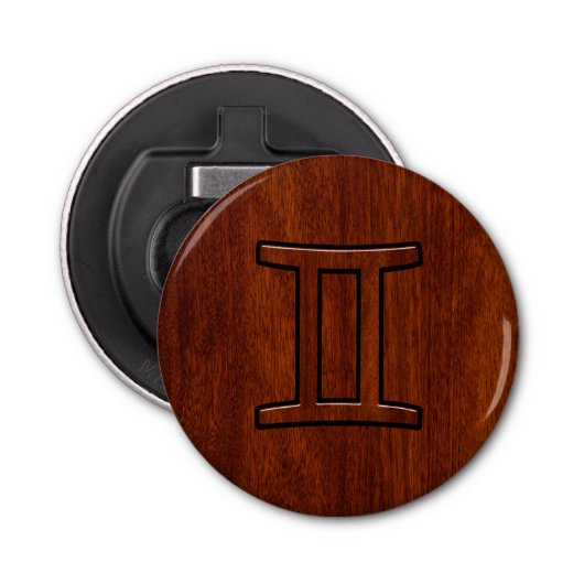 Gemini Zodiac Symbool op Mahogany als gedrukte tek Button Flesopener (Voorkant)