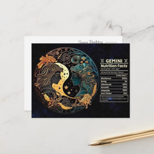 Gemini Zodiac Verjaardagsansichtkaart Briefkaart (Voorkant / Achterkant in situ)
