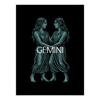 Gemini Zodiac – Vintage Tweeling in Teal op Zwart Perfect Poster