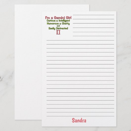 Gemini Zodiac voor meisjes met naam Briefpapier (Voorkant / Achterkant)