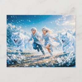 Gemini Zodiac with Twin Children and White Wolves Briefkaart