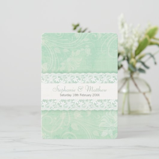 Gemint-groene uitnodiging voor witte lace-bruiloft (Staand voorkant)