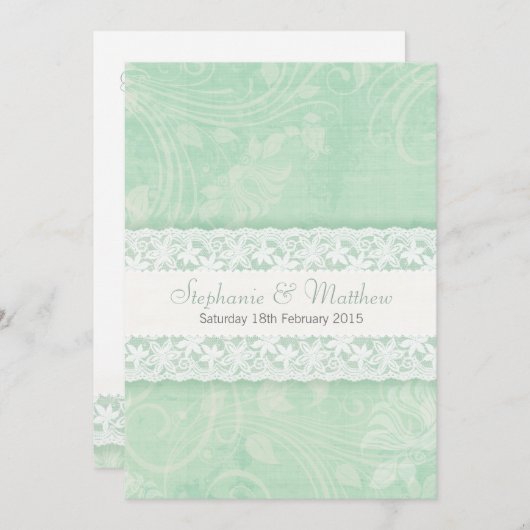 Gemint-groene uitnodiging voor witte lace bruiloft (Voorkant / Achterkant)