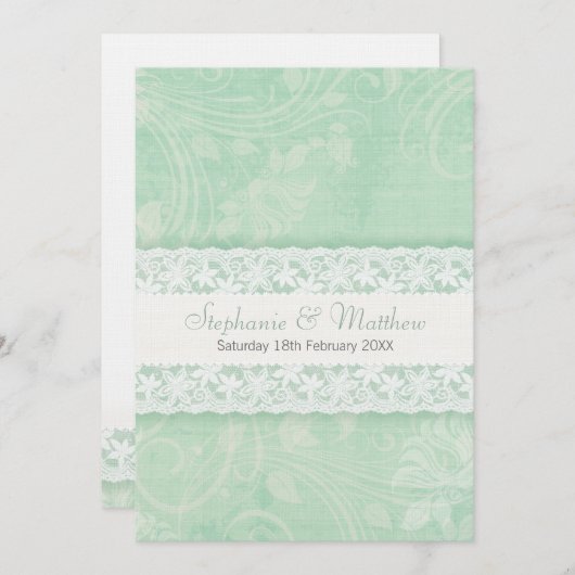 Gemint-groene uitnodiging voor witte lace bruiloft (Voorkant / Achterkant)