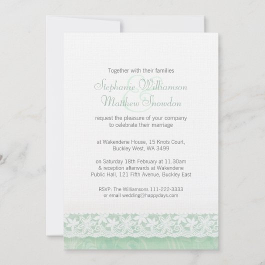 Gemint-groene uitnodiging voor witte lace bruiloft (Achterkant)
