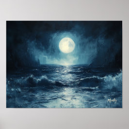 Gemoedelijk oceaan maanlicht scène met golven die poster