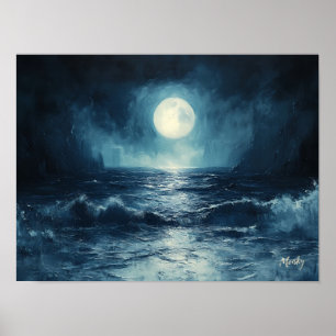 Gemoedelijk oceaan maanlicht scène met golven die poster
