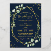 Gemoedelijke geometrische eucalyptusbladeren Wedde Folie Uitnodiging (Voorkant)