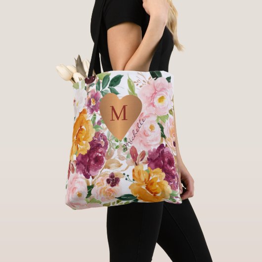 Gemonogrammeerd chic bloempatroon tote bag (Dichtbij)