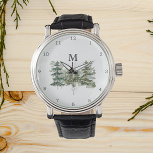 Gemonogrammeerd dennenbos en berg horloge