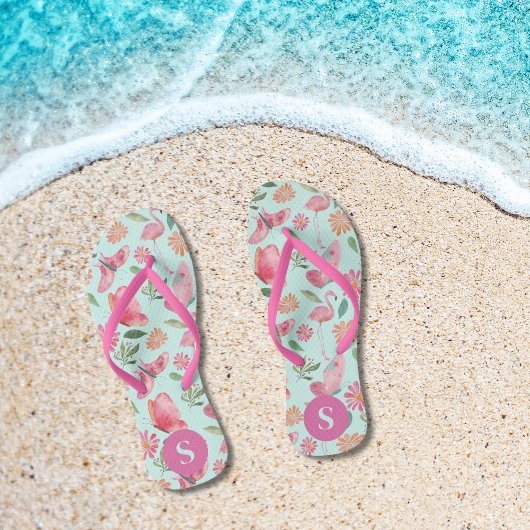 Gemonogrammeerd Roze Flamingo's Tropisch Bloemmoti Teenslippers