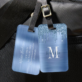 Gemonogrammeerde Blauwe Glitter Drip Geborsteld Me Bagagelabel