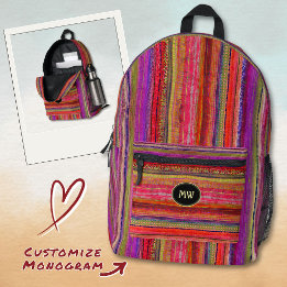 Gemonogrammeerde Boho Vintage Rode Paarse Strepen Bedrukte Rugzak