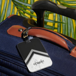 Gemonogrammeerde Geometrische Chevron Zwart Zilver Bagagelabel