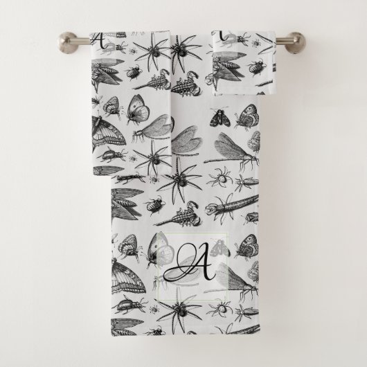 Gemonogrammeerde GOTHIC BUGS Vintage Inkt Insecten Bad Handdoek (Insitu)