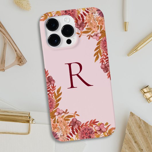 Gemonogrammeerde goud bordeauxrood herfstbloem Case-Mate iPhone case