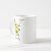 Gemonogrammeerde gouden zonnebloem bloemige initia koffiemok (Voorkant links)
