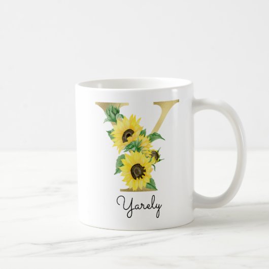 Gemonogrammeerde gouden zonnebloem bloemige initia koffiemok (Rechts)