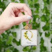 Gemonogrammeerde gouden zonnebloem bloemige initia sleutelhanger (Hand)