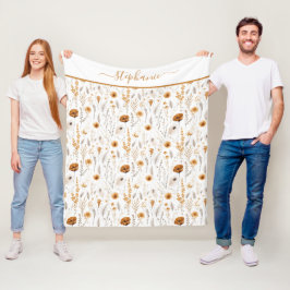 Gemonogrammeerde grijs beige bruin wit boho bloemm fleece deken