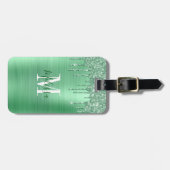 Gemonogrammeerde groene glitters geborsteld metaal bagagelabel (Voorkant horizontaal)