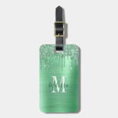 Gemonogrammeerde groene glitters geborsteld metaal bagagelabel (Voorkant verticaal)