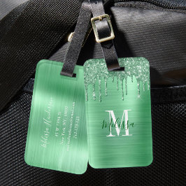 Gemonogrammeerde groene glitters geborsteld metaal bagagelabel