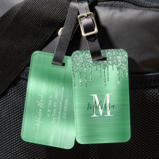 Gemonogrammeerde groene glitters geborsteld metaal bagagelabel