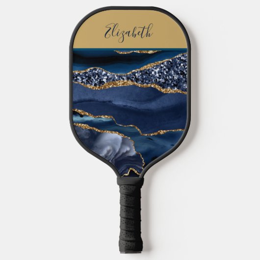 Gemonogrammeerde naam blauw goud glitters glam tre pickleball paddle (Voorkant)