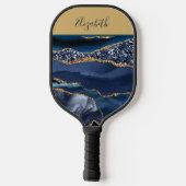 Gemonogrammeerde naam blauw goud glitters glam tre pickleball paddle (Achterkant)