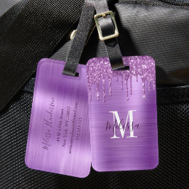 Gemonogrammeerde Paarse Glitter Drip Geborsteld Me Bagagelabel