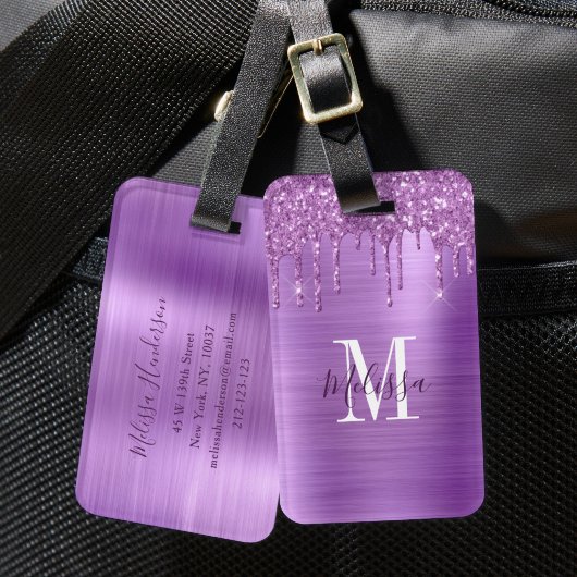 Gemonogrammeerde Paarse Glitter Drip Geborsteld Me Bagagelabel