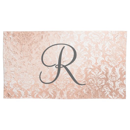 Gemonogrammeerde roze gouden damast kussensloop (Voorkant-Links)