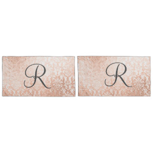Gemonogrammeerde roze gouden damast kussensloop
