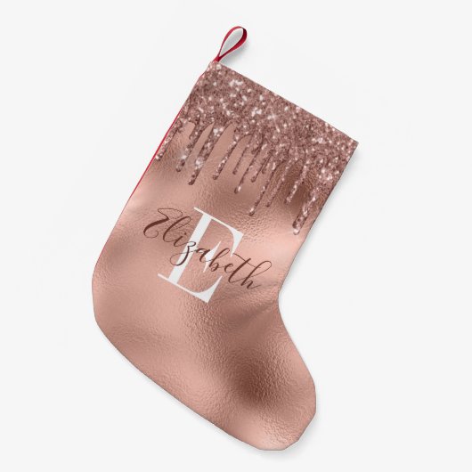 Gemonogrammeerde Roze Gouden Glitter Druppels Kleine Kerstsok (Voorkant (Hangend))