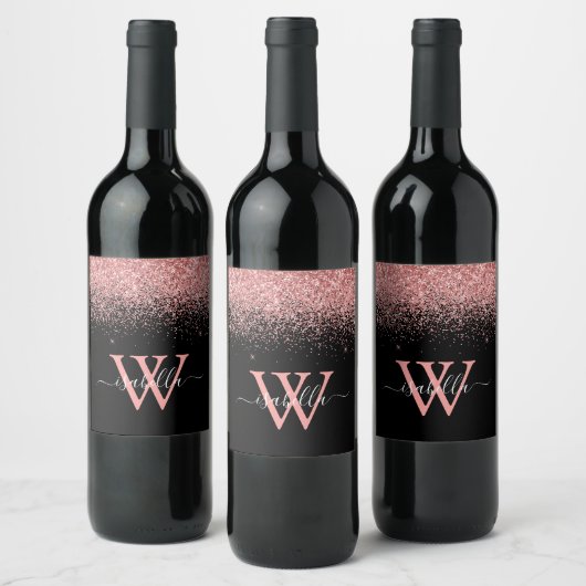 Gemonogrammeerde Roze Zwarte Elegante Script Naam Wijn Etiket (Flessen)