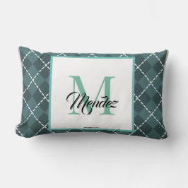 Gemonogrammeerde turquoise ruitvormige plaid sierk kussen