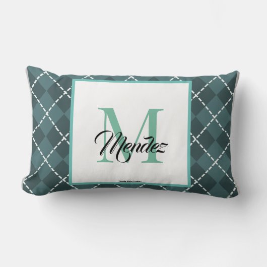 Gemonogrammeerde turquoise ruitvormige plaid sierk kussen (Voorkant)