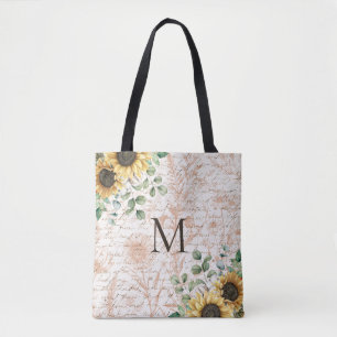 Gemonogrammeerde Vintage Landelijke Zonnebloem Cal Tote Bag