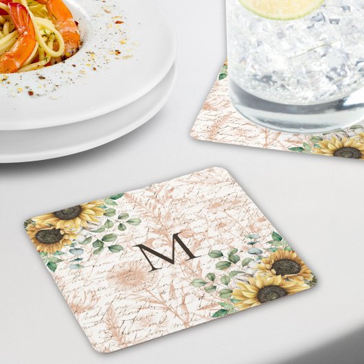 Gemonogrammeerde Vintage Rustieke Zonnebloem Decou Kartonnen Onderzetters