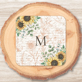 Gemonogrammeerde Vintage Rustieke Zonnebloem Decou Vierkante Sticker