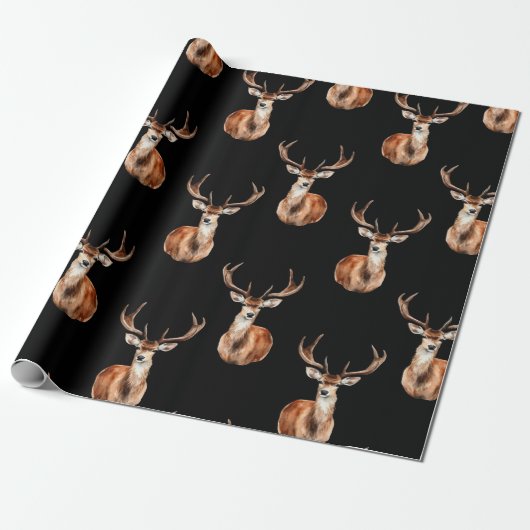 Gemonteerd Herten Head Wildlife Zwart Cadeaupapier (Uitgerold)